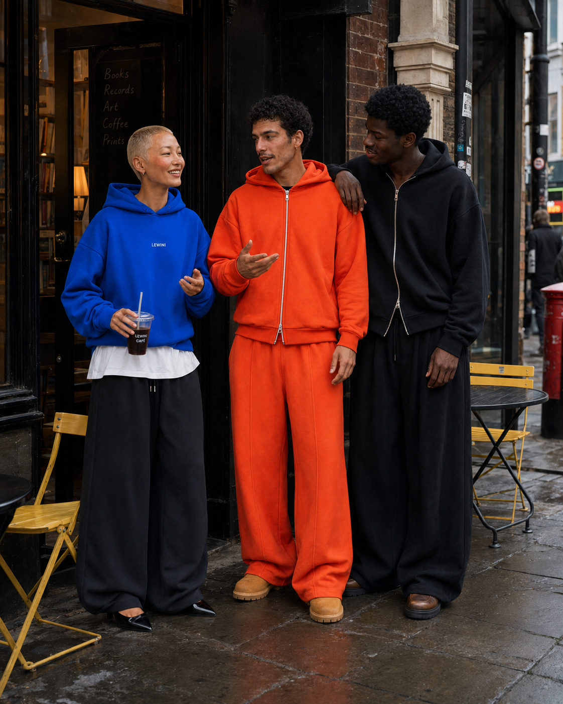 Two men and one woman standing on a city street wearing matching oversized tracksuits in blue, bright orange, and black. The setting is a real outdoor urban environment with storefronts, chairs, and pavement, making the subject type Lifestyle.