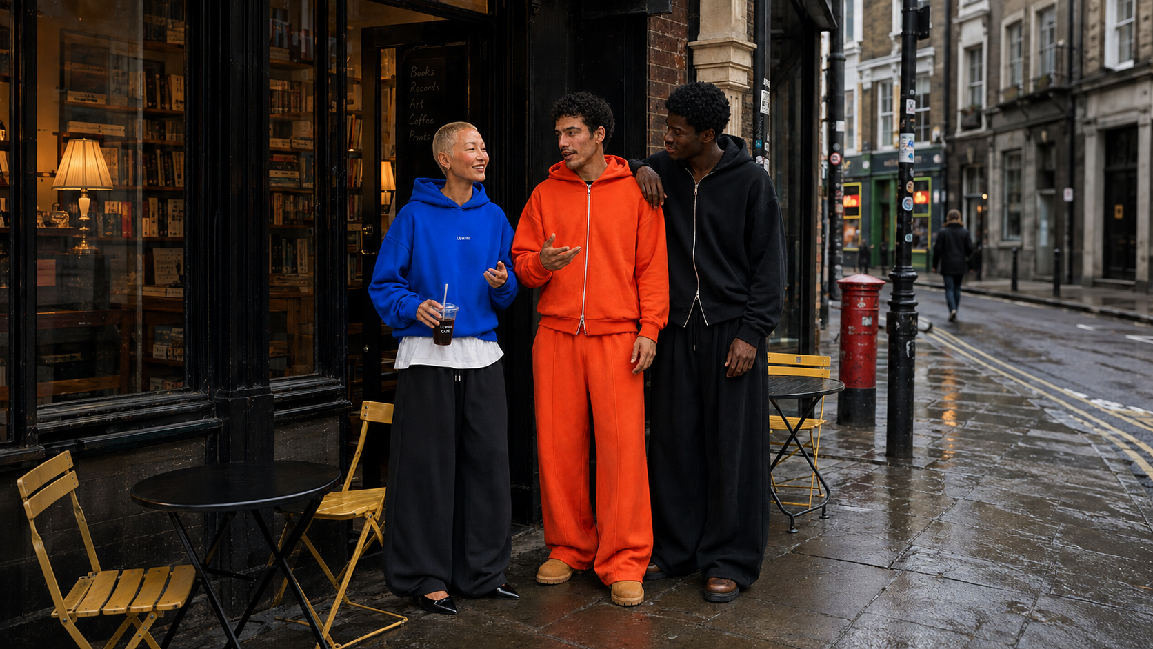 Two men and One woman standing outdoors on a wet city street in front of a storefront. One wears a bright blue hoodie and dark pants, one wears a bright orange zip-up tracksuit, and one wears a black zip-up tracksuit.